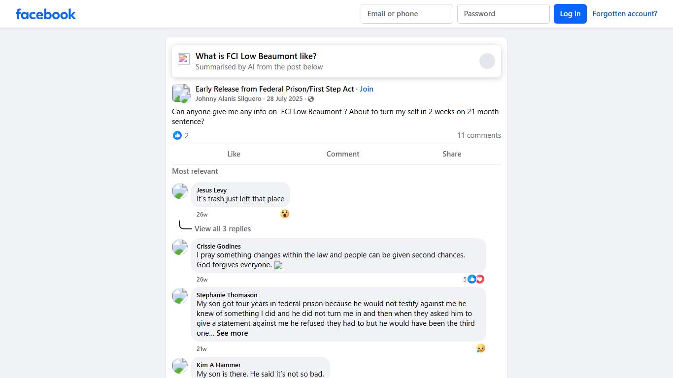 Early Release from Federal Prison/First Step Act Can anyone give me any info on FCI Low Beaumont Facebook