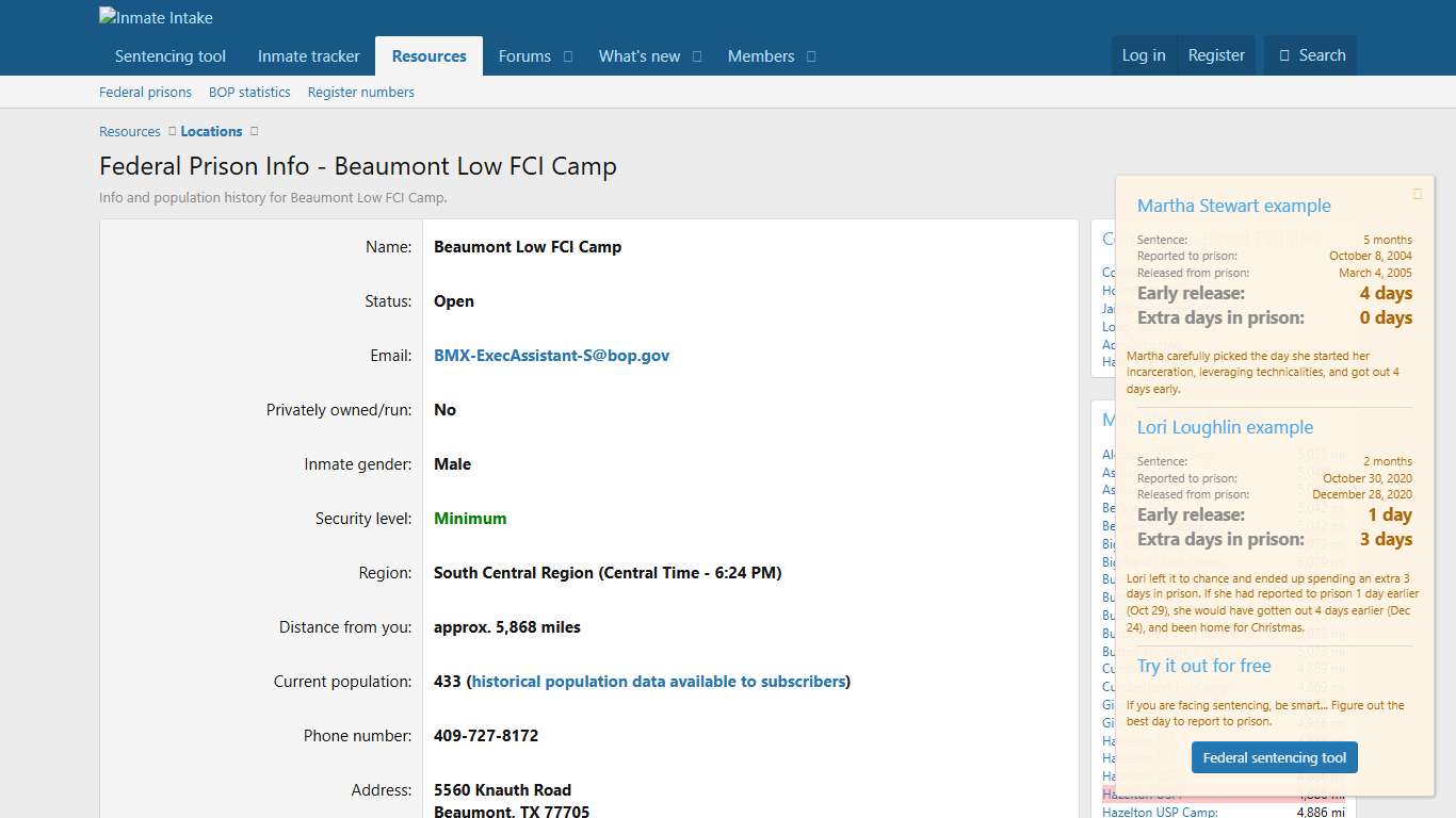 Federal Prison Info - Beaumont Low FCI Camp Inmate Intake